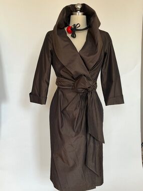 Max Mara brown wrap dress made from structured taffeta.